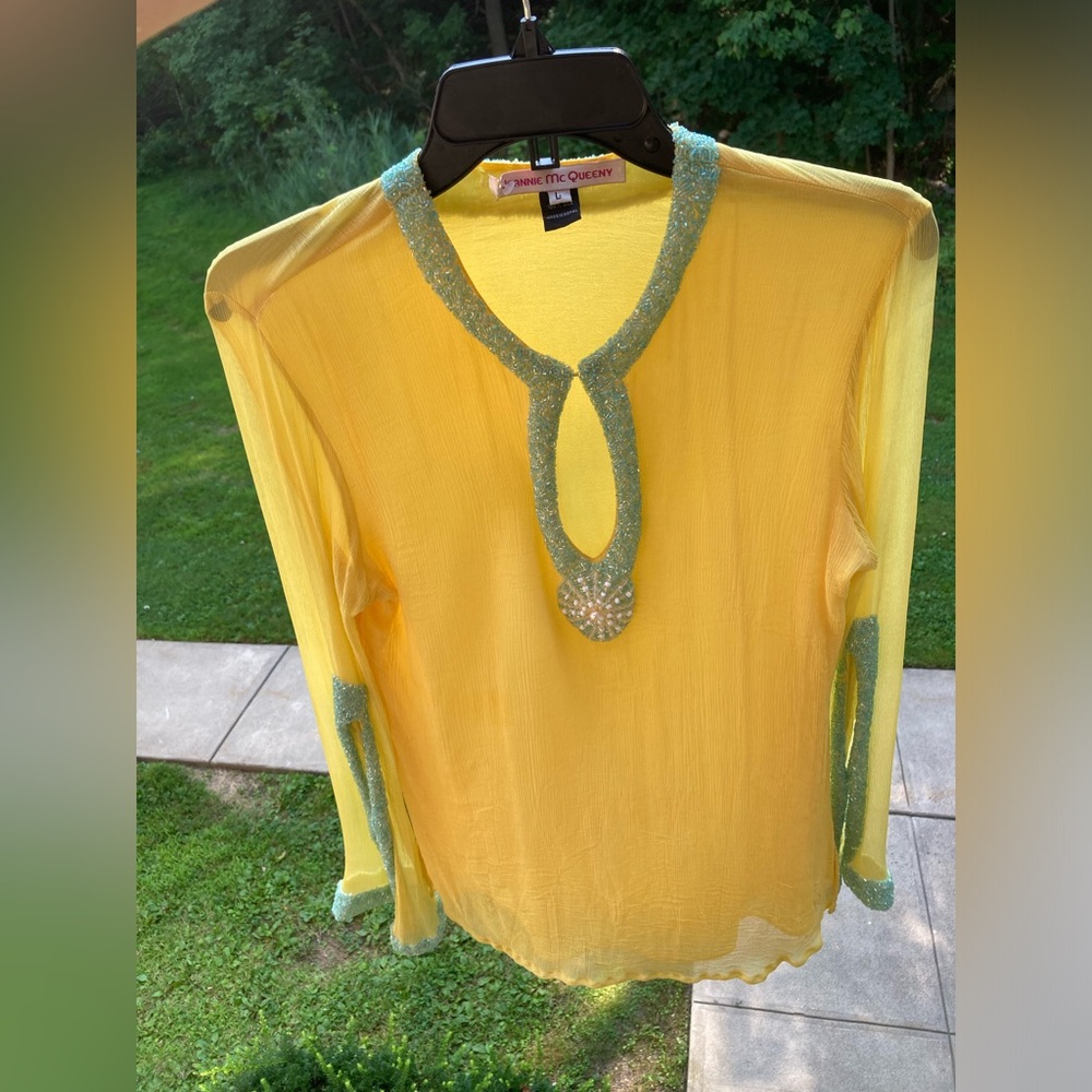 Jeannie Mcqueeny 100% Silk Yellow Blouse Blue Beaded Sunburst & Sleeve Detail - Picture 13 of 17